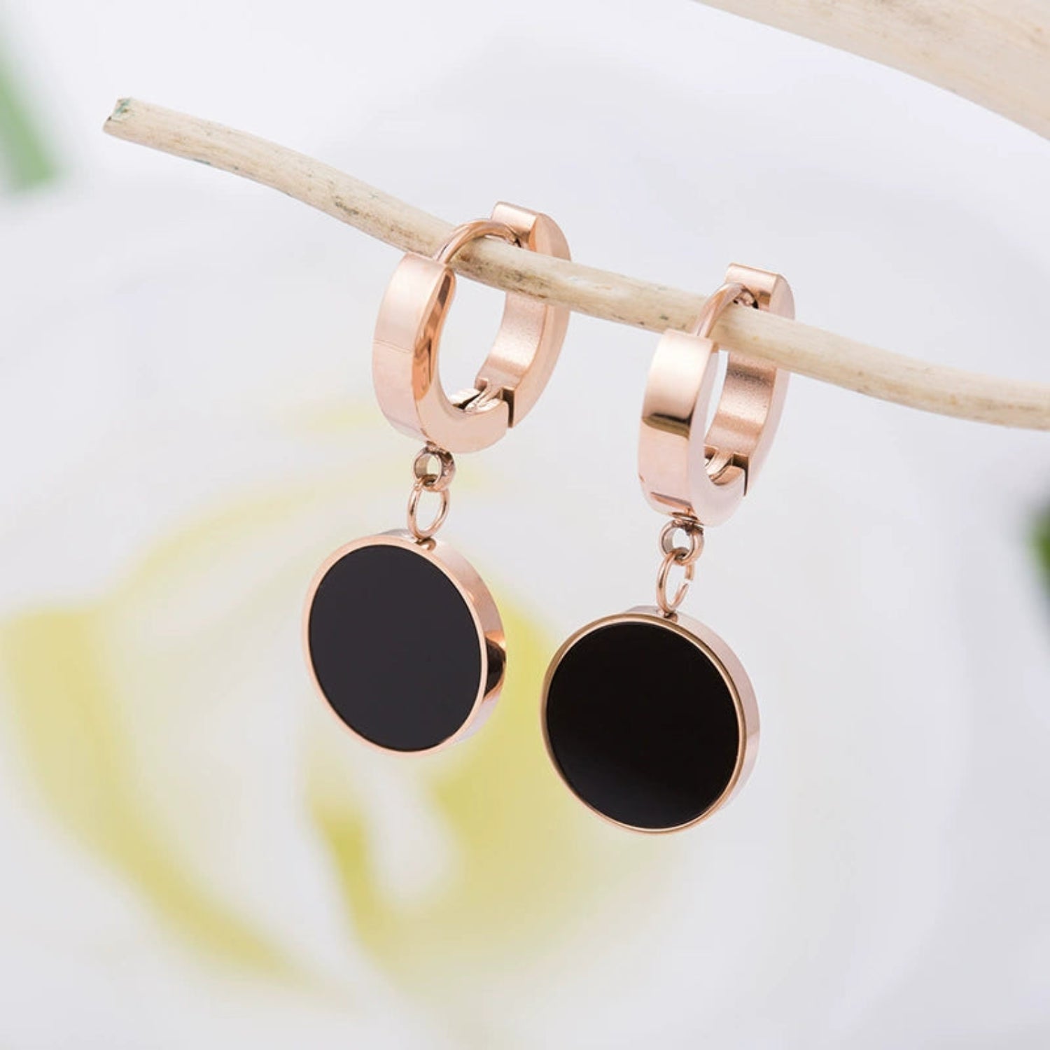 Rose Gold Black Disc Earrings JLT13556
