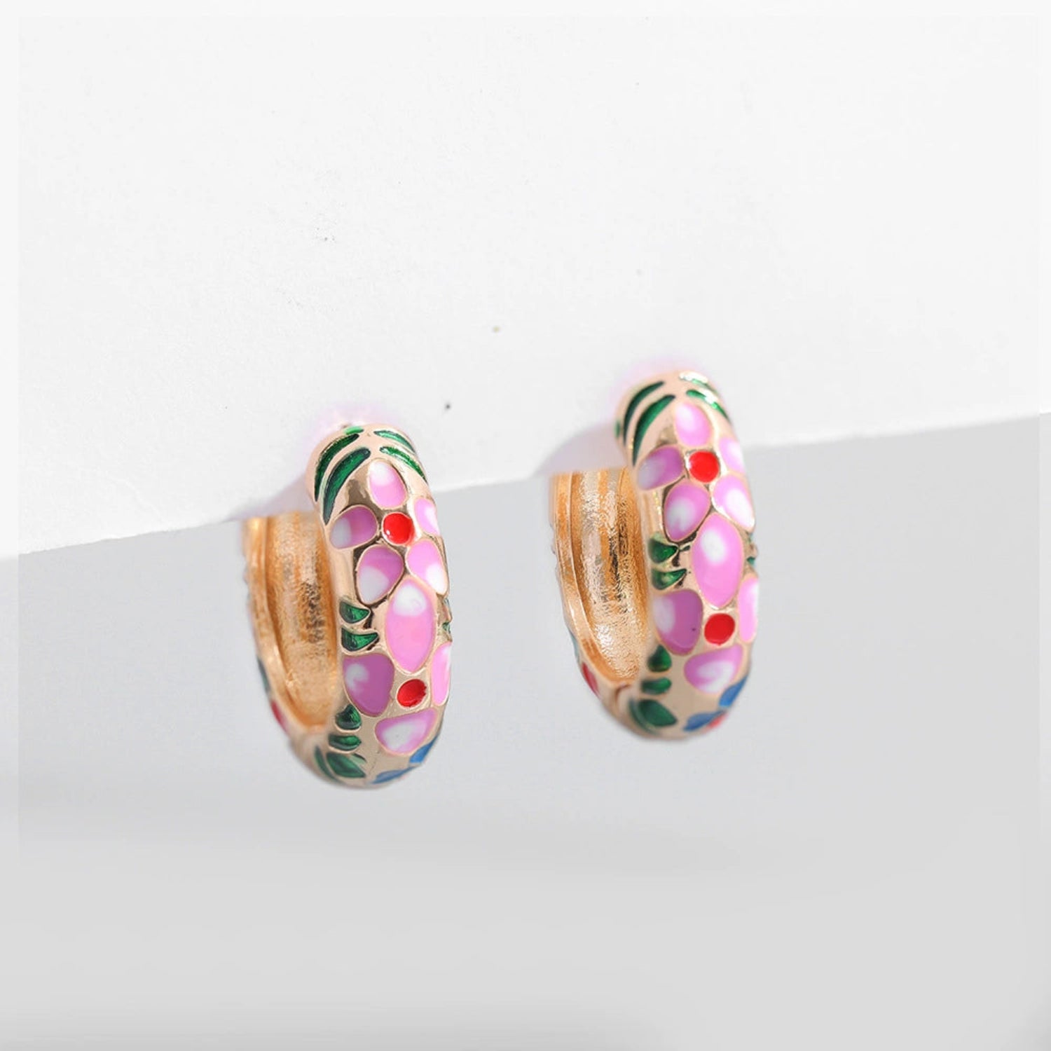 Pink Floral Enamel Gold Hoops JLT13561