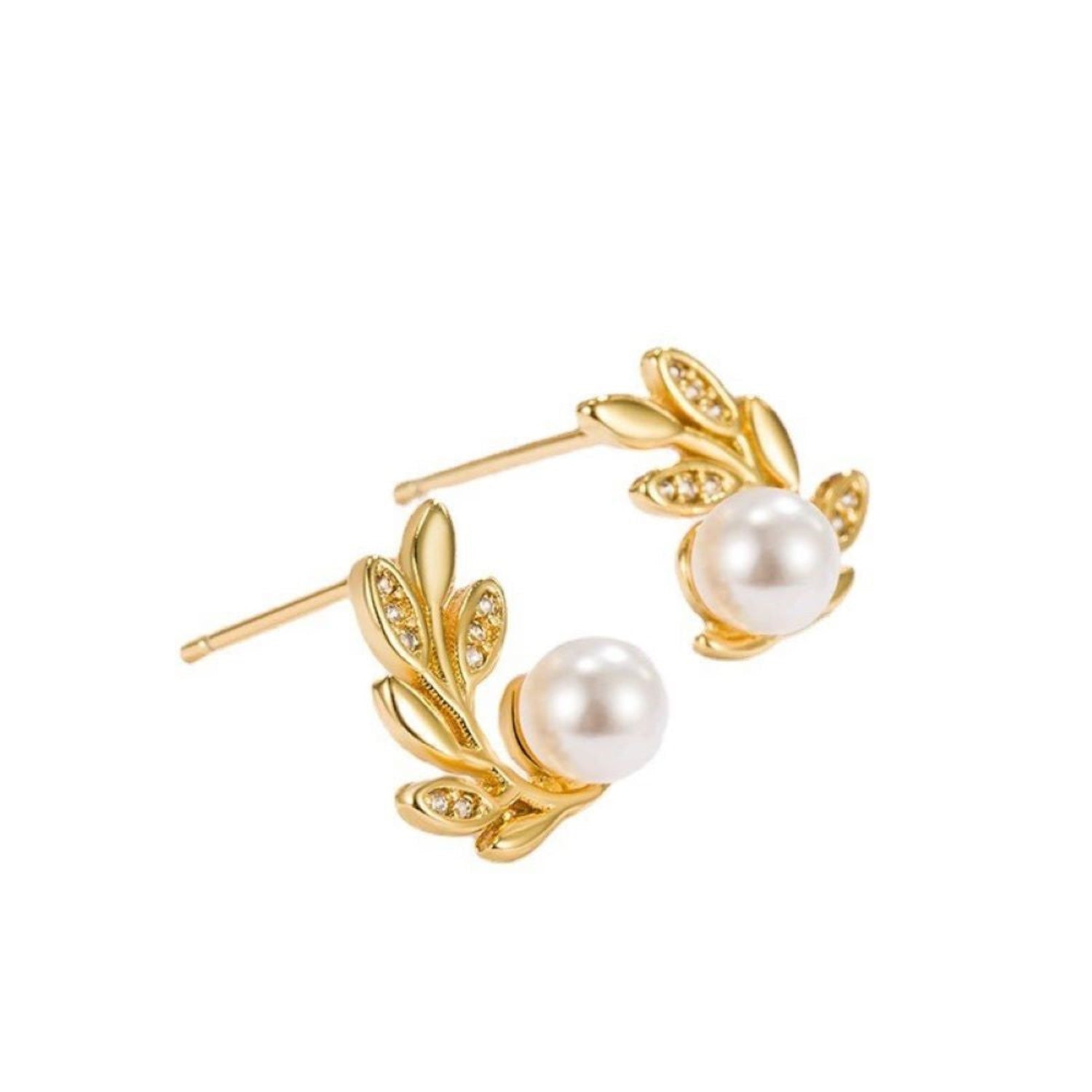 Gold Pearl Leaf Stud Earrings JLT13645