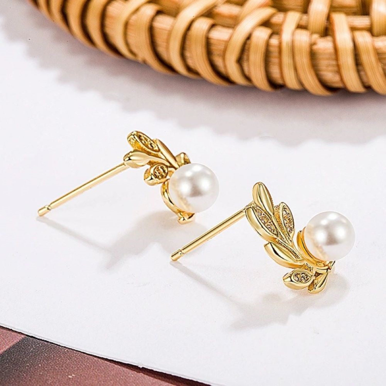 Gold Pearl Leaf Stud Earrings JLT13645