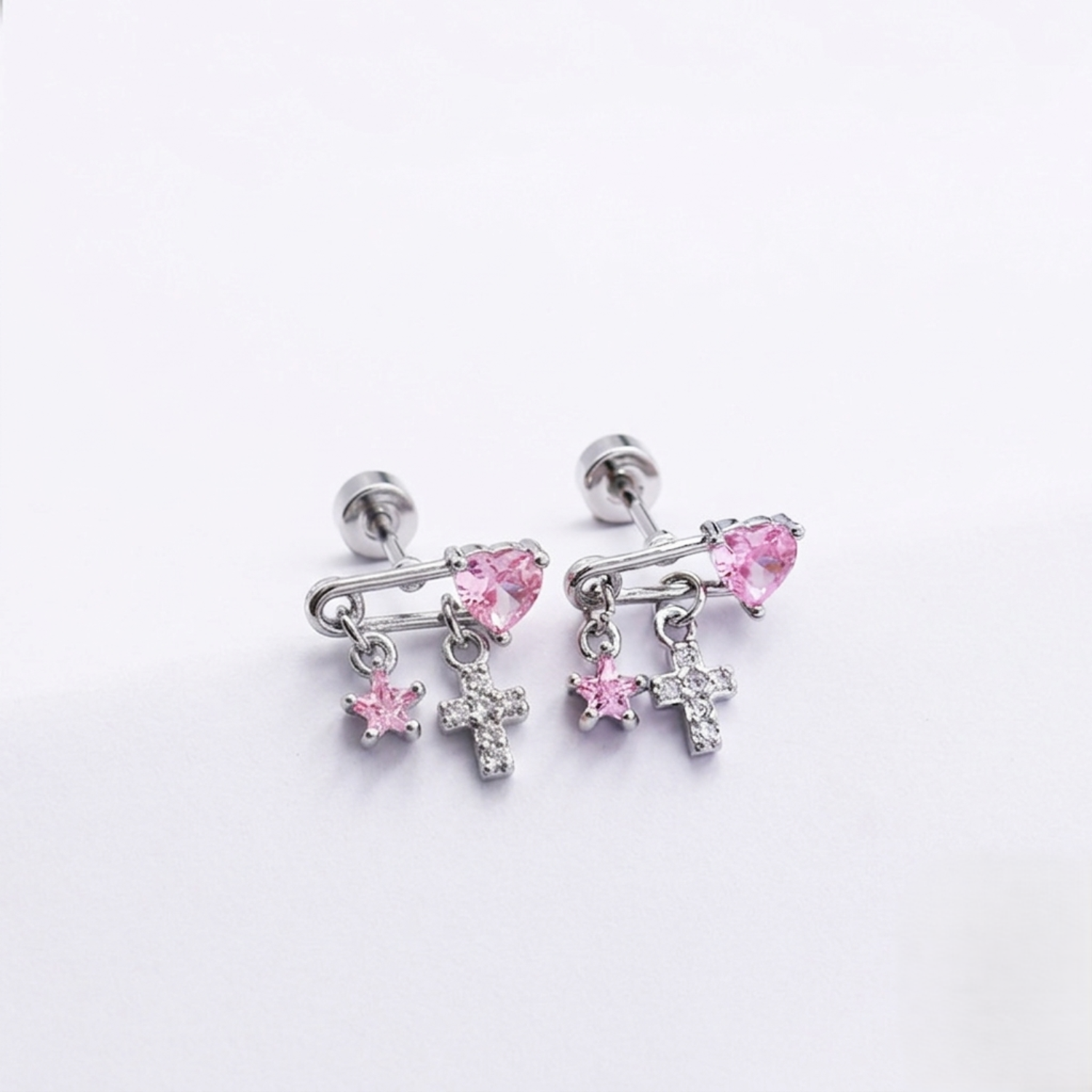 Pink Heart Safety Pin Earrings JLT13690