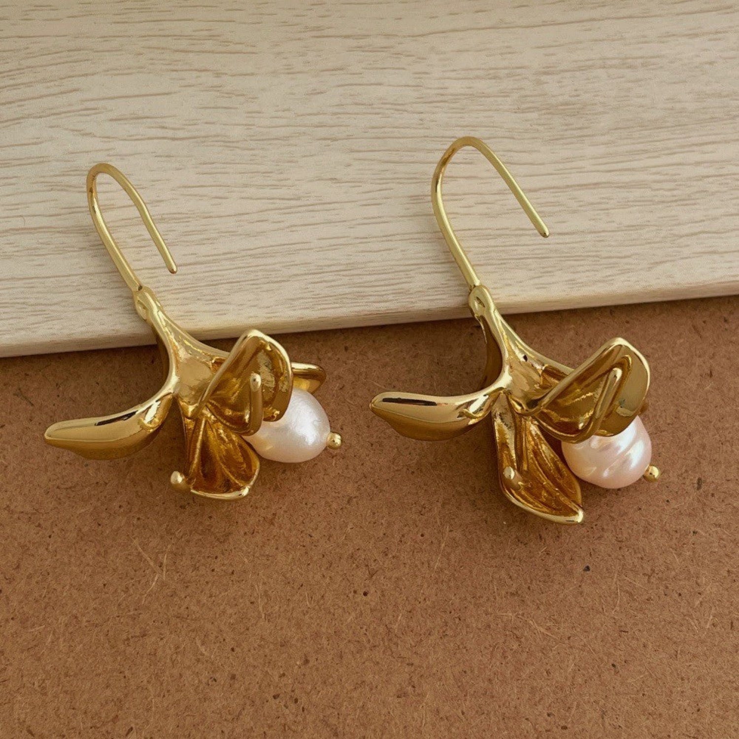 Gold Floral Pearl Drop Earrings JLT13700