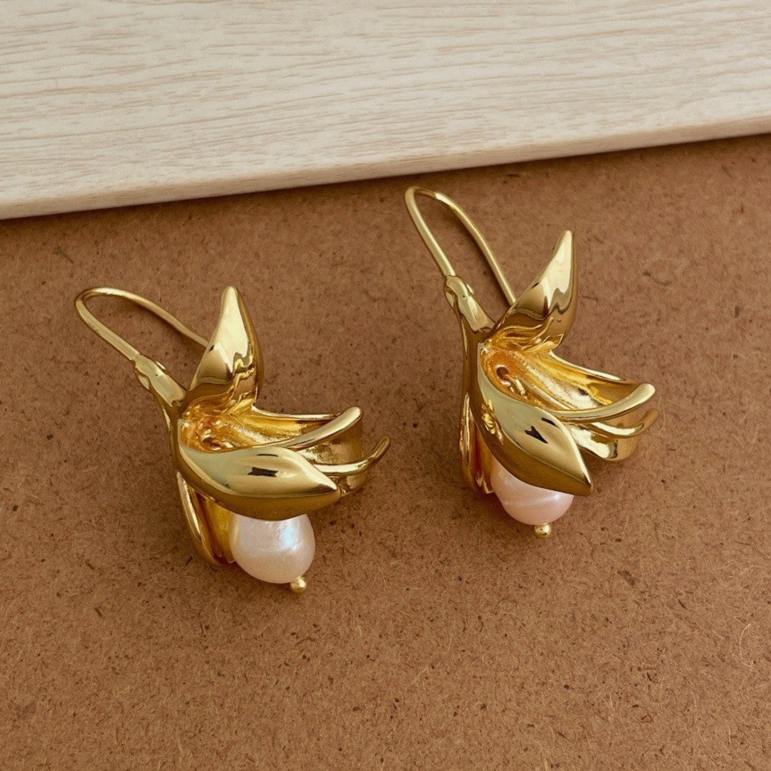 Gold Floral Pearl Drop Earrings JLT13700