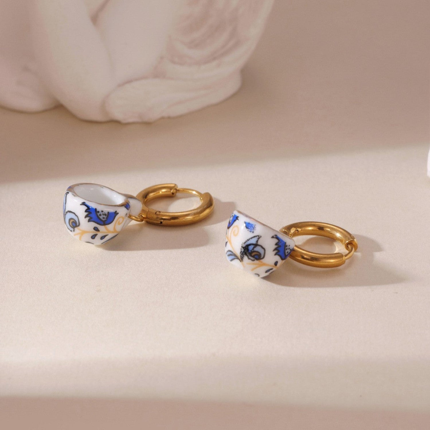 Blue Porcelain Floral Teacup Hoop Earrings JLT13708