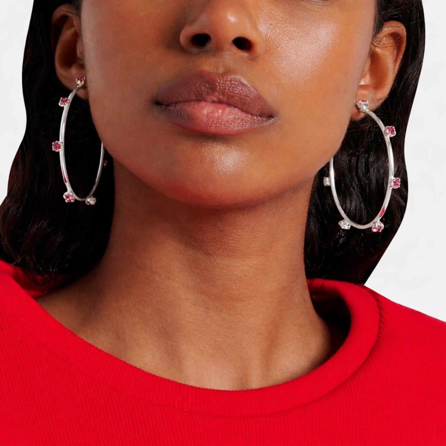 Silver Pink Crystal Hoop Earrings JLT13737