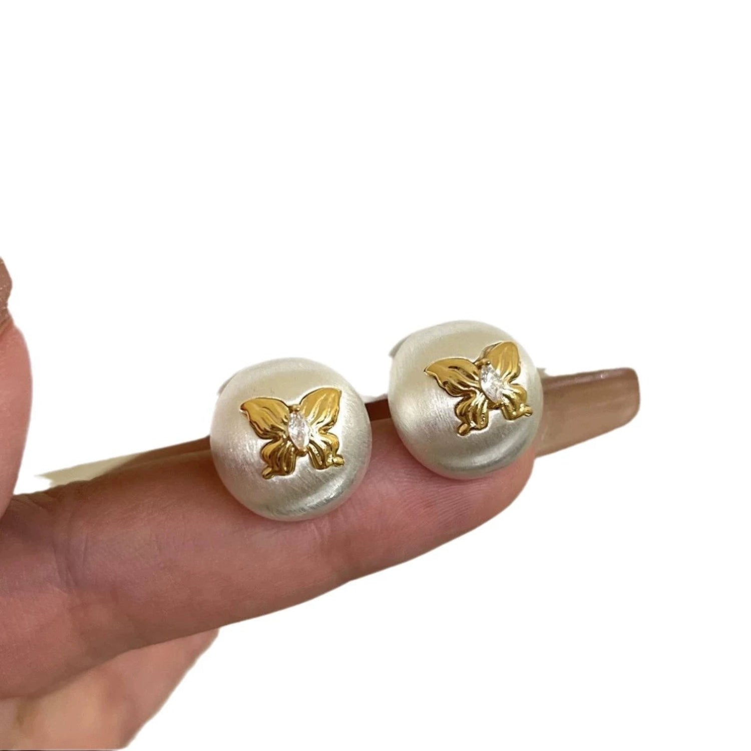 Gold Butterfly Matte Pearl Studs JLT13738