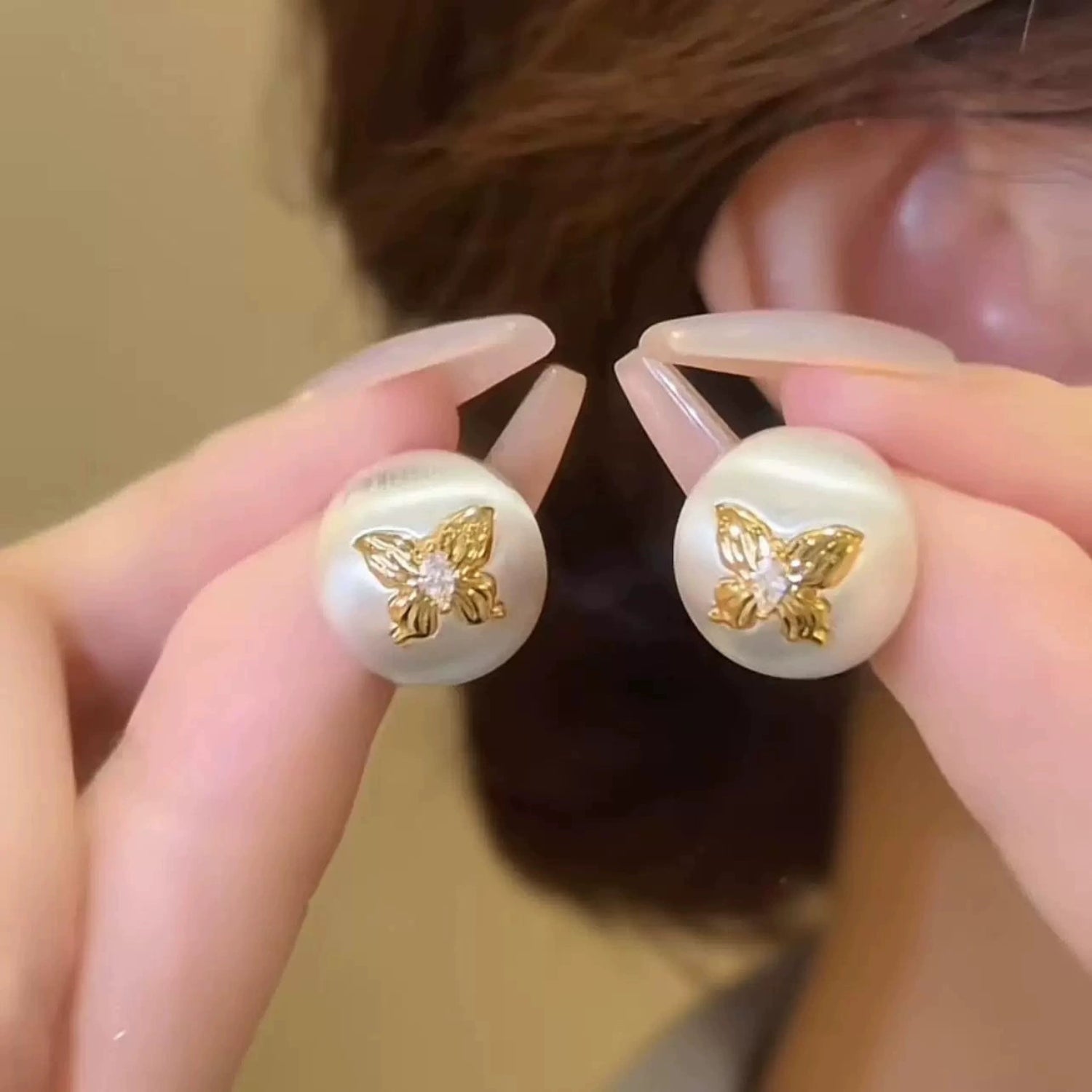 Gold Butterfly Matte Pearl Studs JLT13738