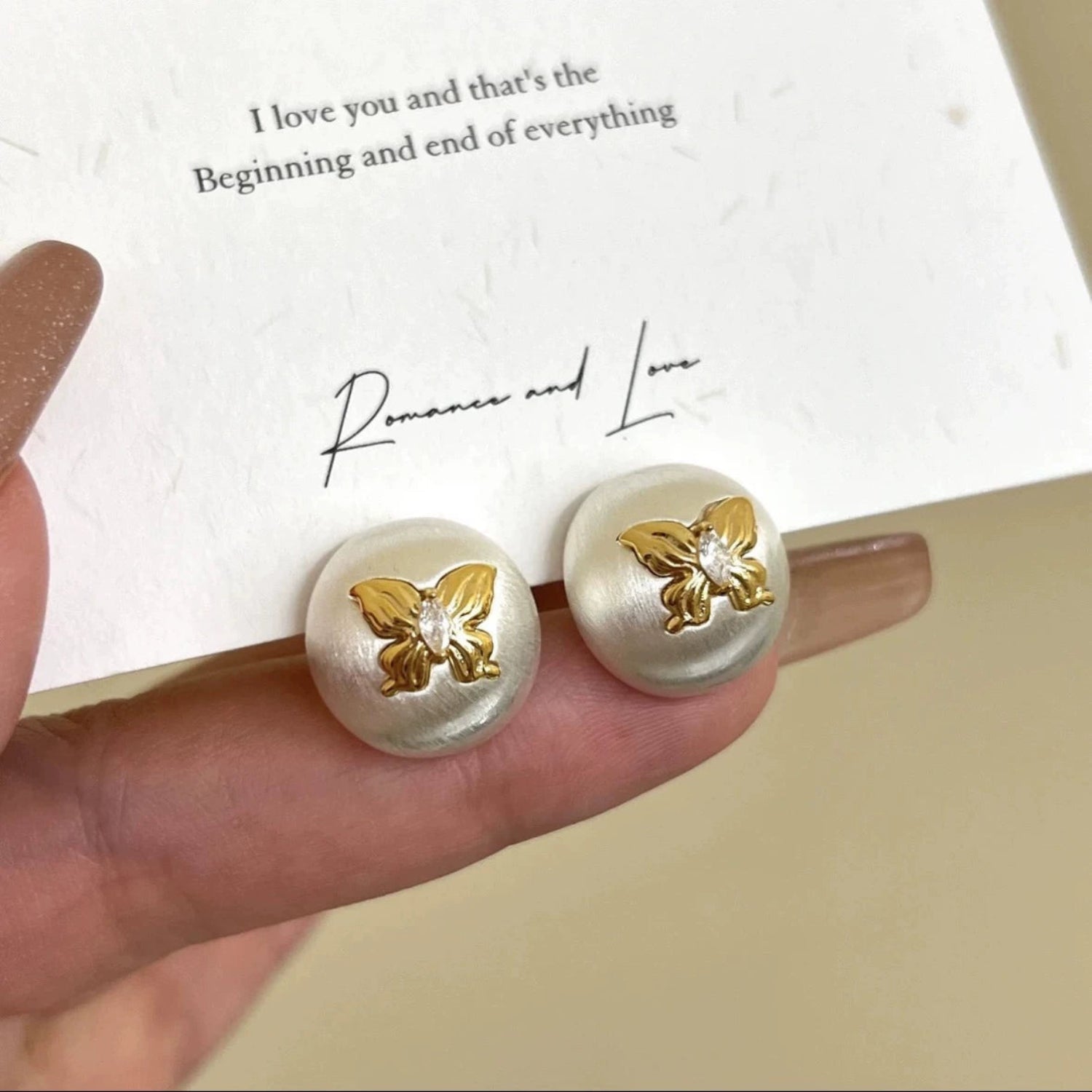 Gold Butterfly Matte Pearl Studs JLT13738