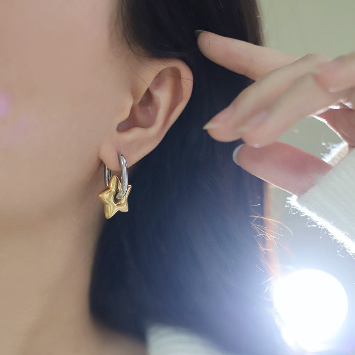 Two-Tone Star Charm Huggie Earrings JLT13748