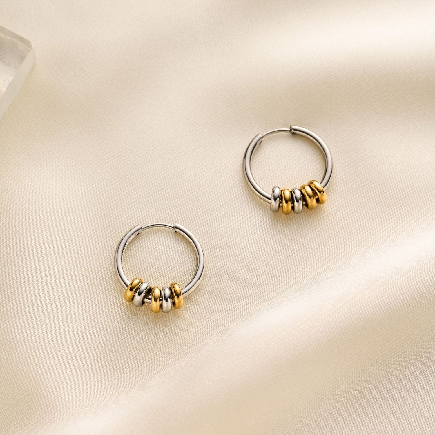 Two-Tone Beaded Silver Circle Hoops JLT13758