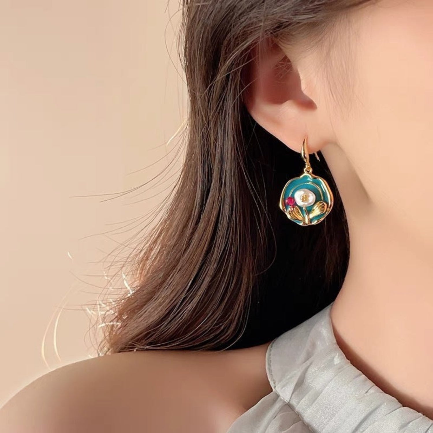 Gold Teal Floral Drop Earrings JLT13760