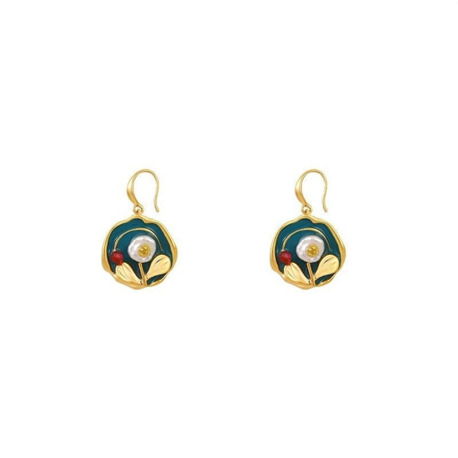 Gold Teal Floral Drop Earrings JLT13760