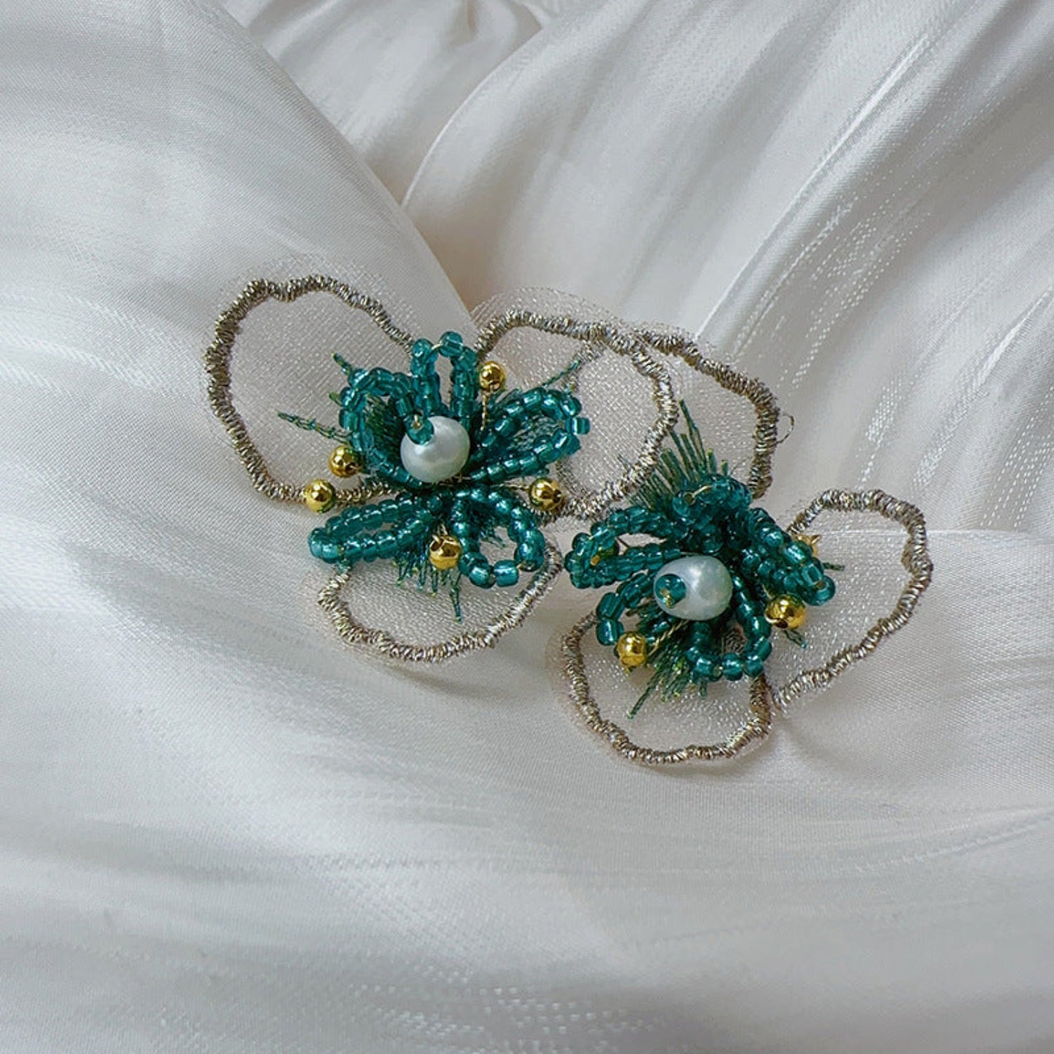 Green Floral Pearl Statement Earrings JLT13772