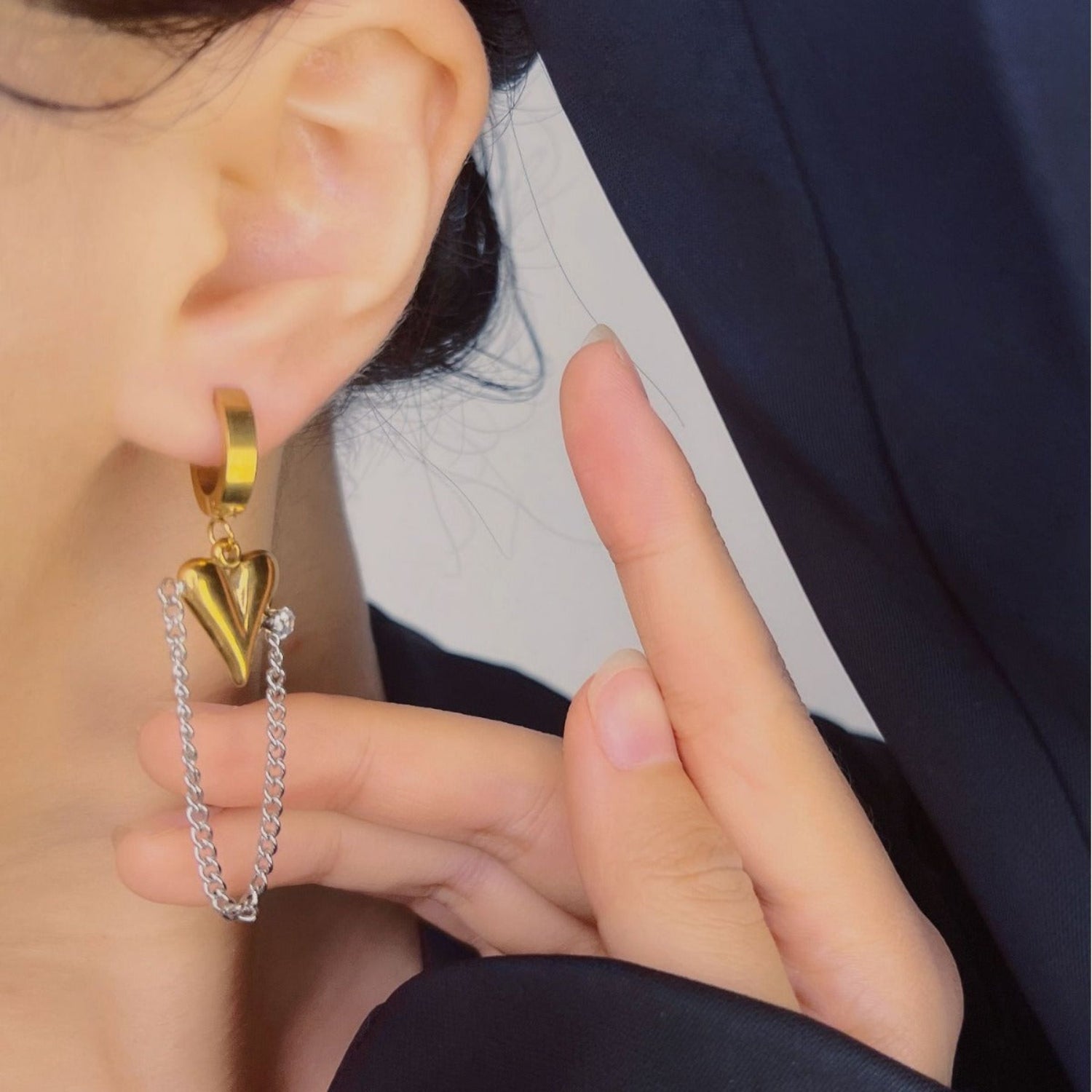 Gold Heart Silver Chain Earrings JLT13774