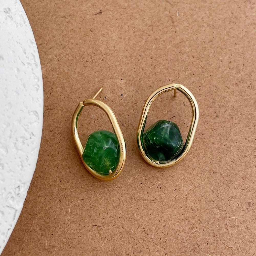 Gold Oval Green Stone Earrings JLT13786
