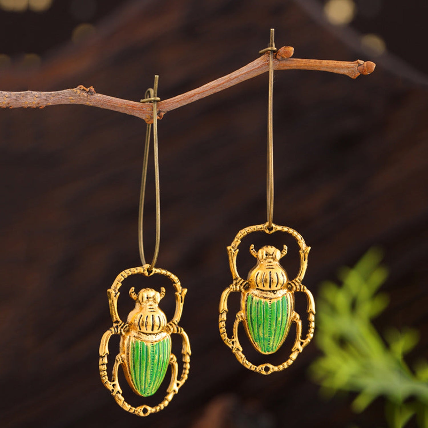 Gold Green Scarab Beetle Earrings JLT13805