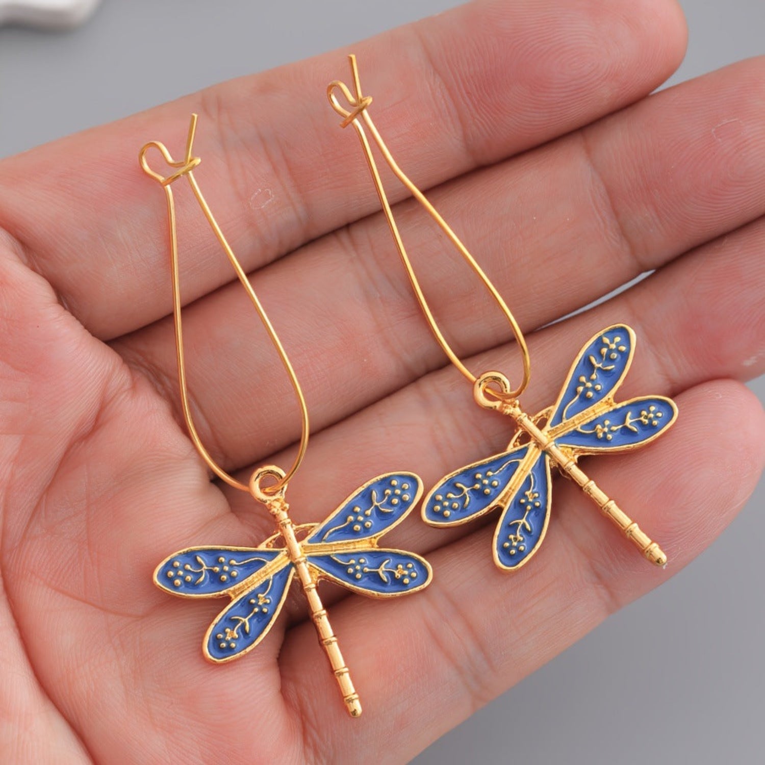 Blue Enameled Gold Dragonfly Earrings JLT13819