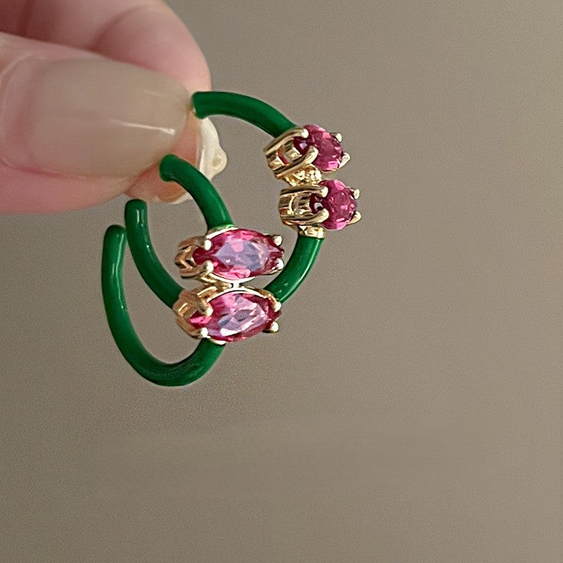 Green Enamel Pink Gem Hoop Earrings JLT13872