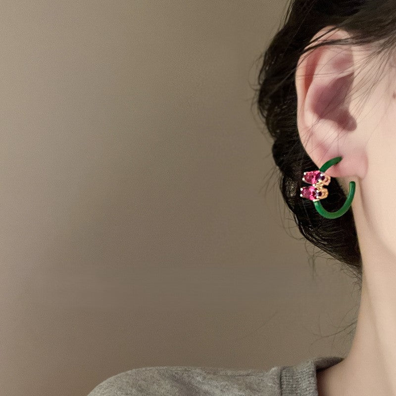 Green Enamel Pink Gem Hoop Earrings JLT13872