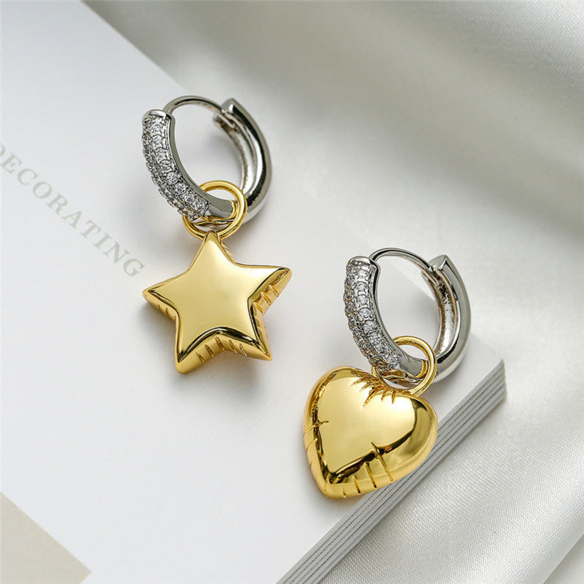 Gold Star & Heart Charm Drop Earrings JLT13952