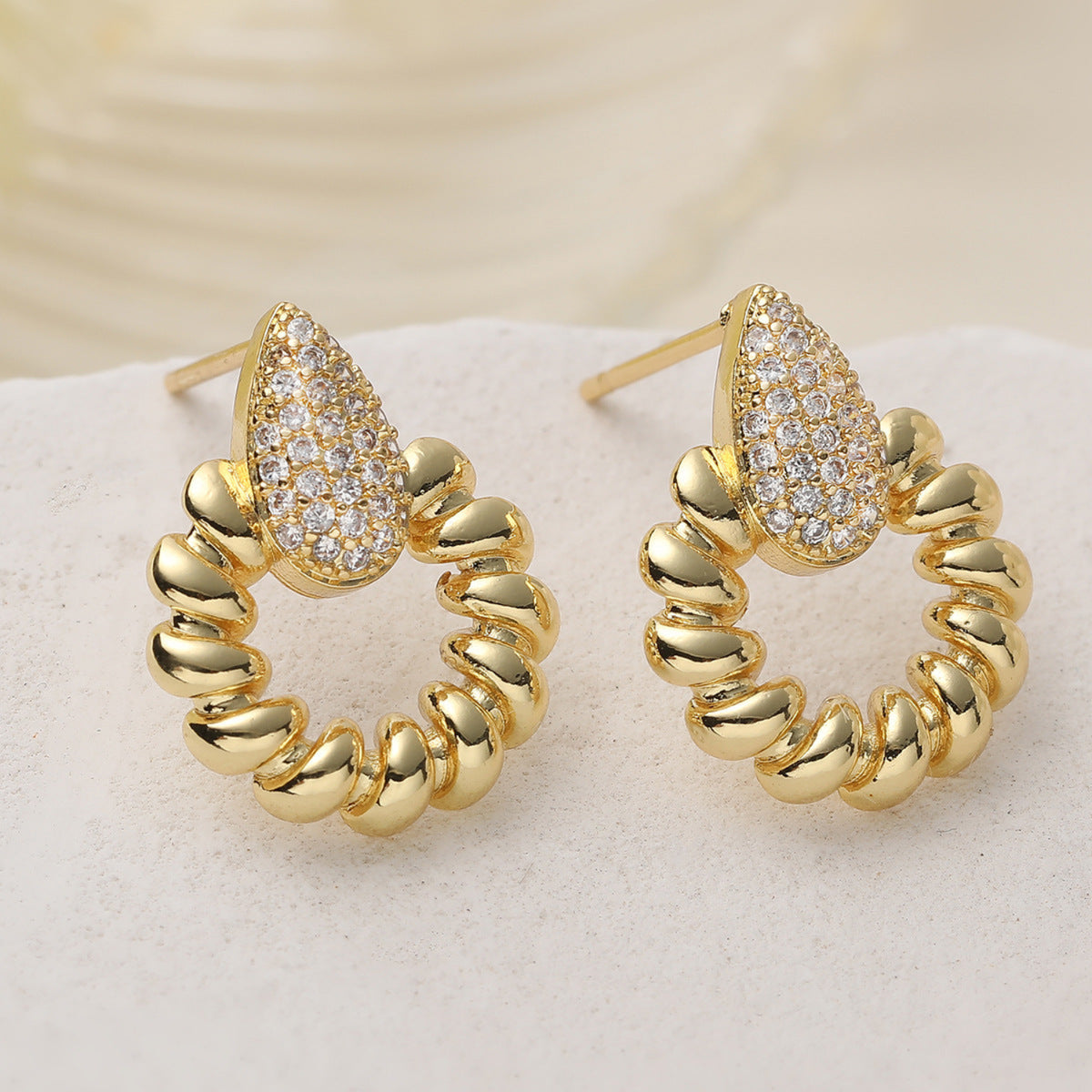 Gold Textured Crystal Stud Earrings JLT13964
