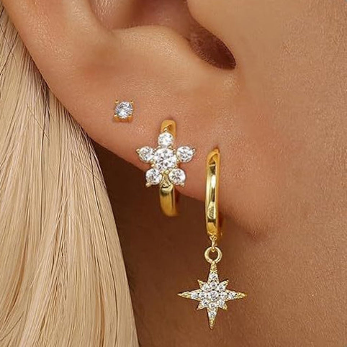Gold Crystal Star Drop Hoop Earrings JLT13980