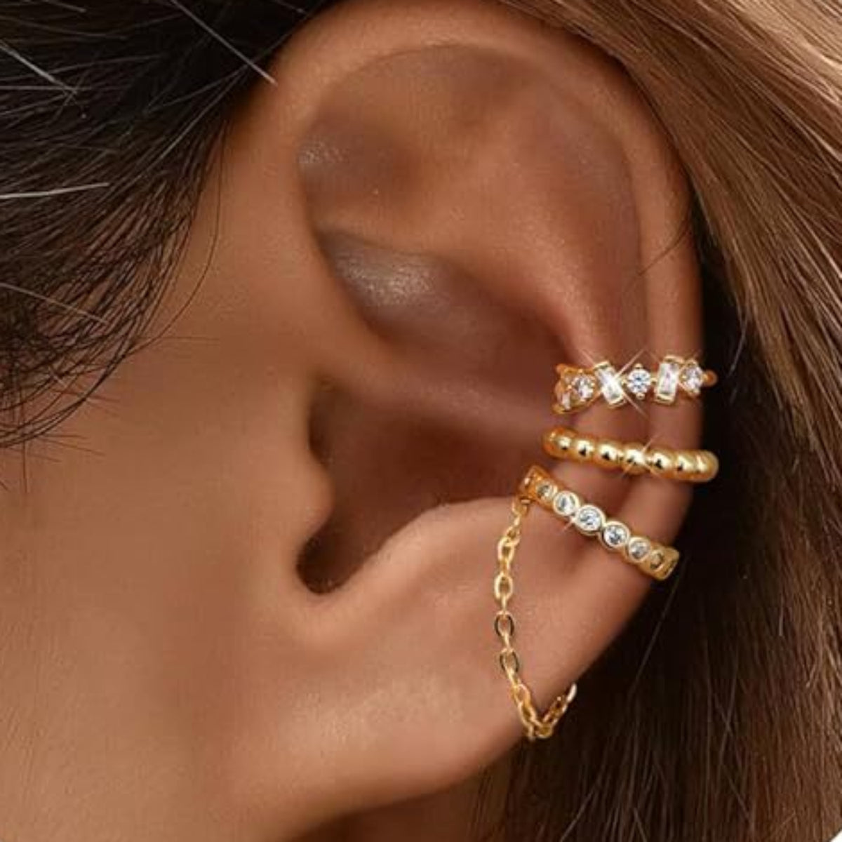 Gold Crystal Chain Ear Cuff Earrings JLT13989