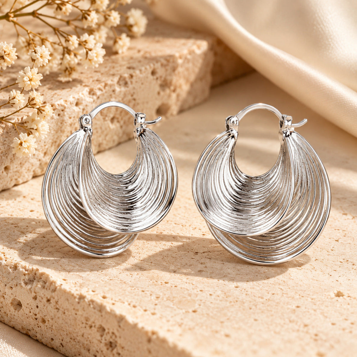 Silver Textured Crescent Hoop Earrings JLT13994
