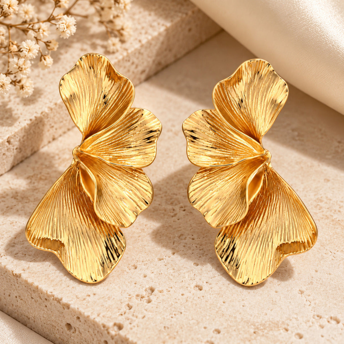 Gold Textured Floral Statement Earrings JLT13995