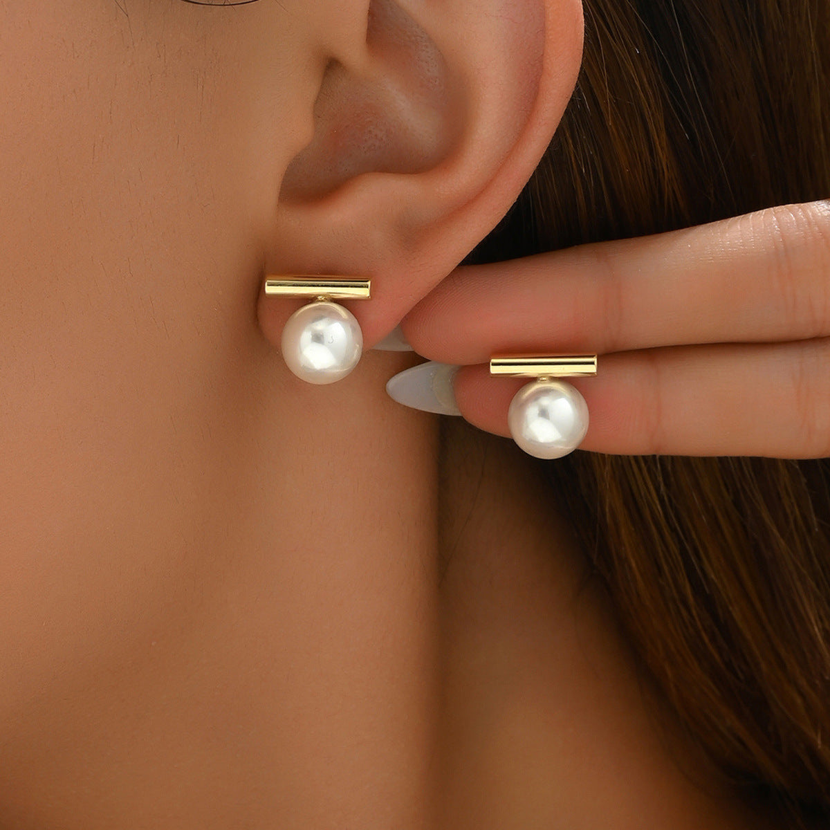 Gold Pearl Bar Stud Earrings JLT13996