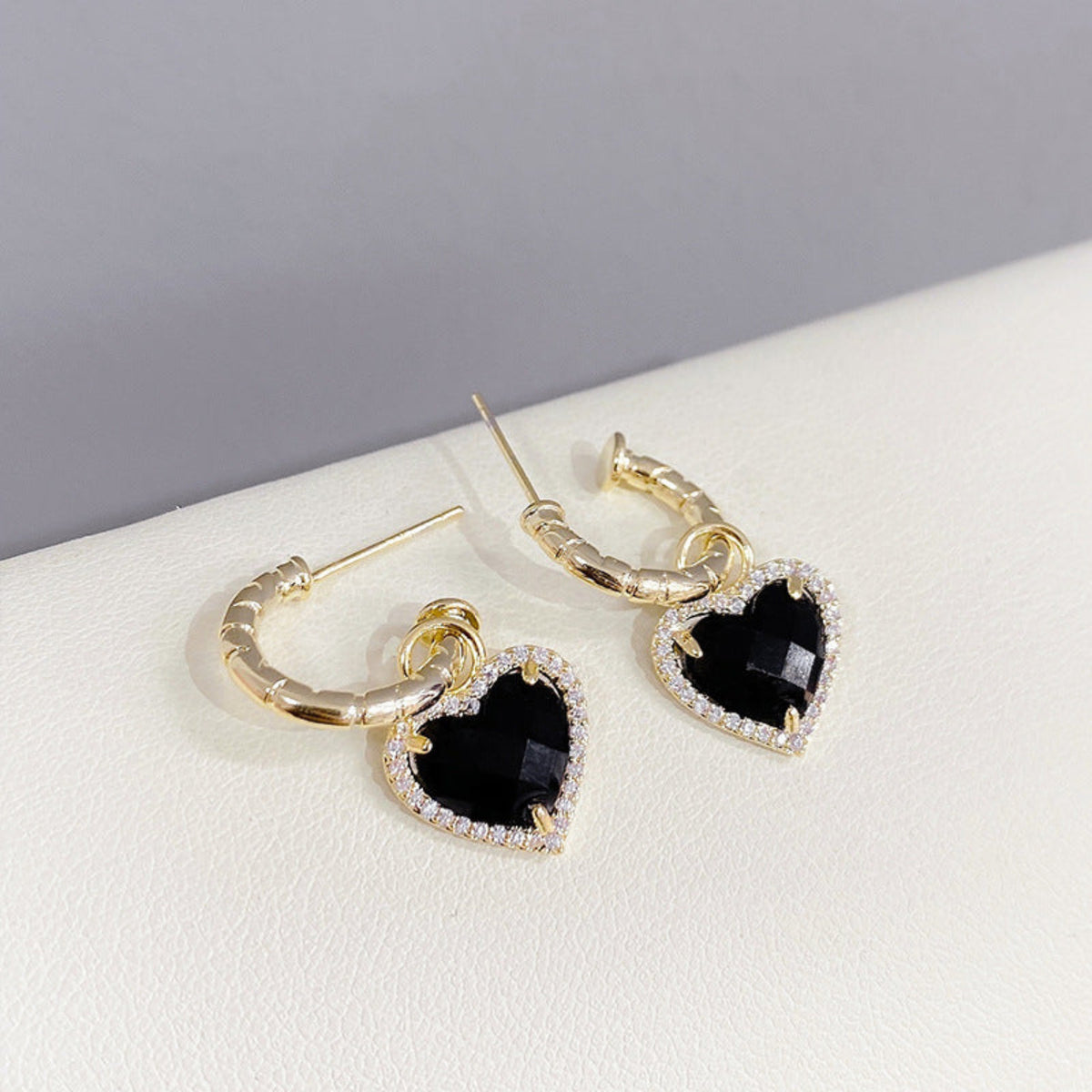 Golden Black Heart Crystal Huggie Earrings JLT14034