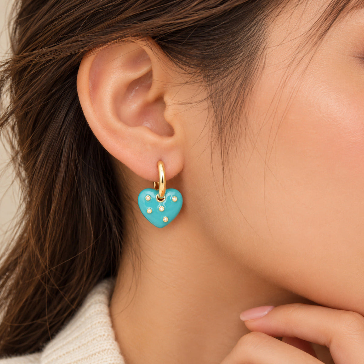 Aqua Heart Charm Huggie Earrings JLT14036