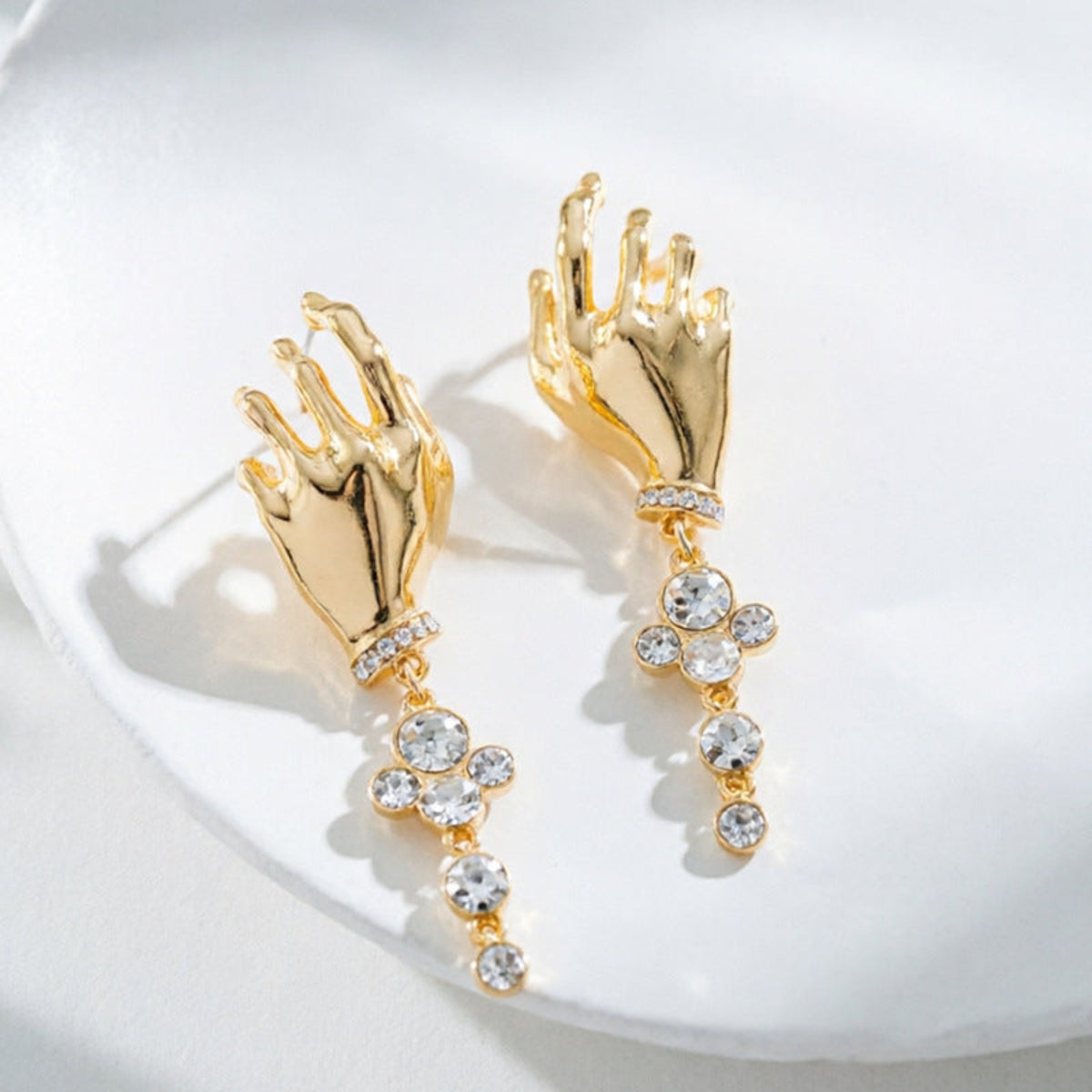 Golden Sculpted Hand Crystal Drop Earrings JLT14038