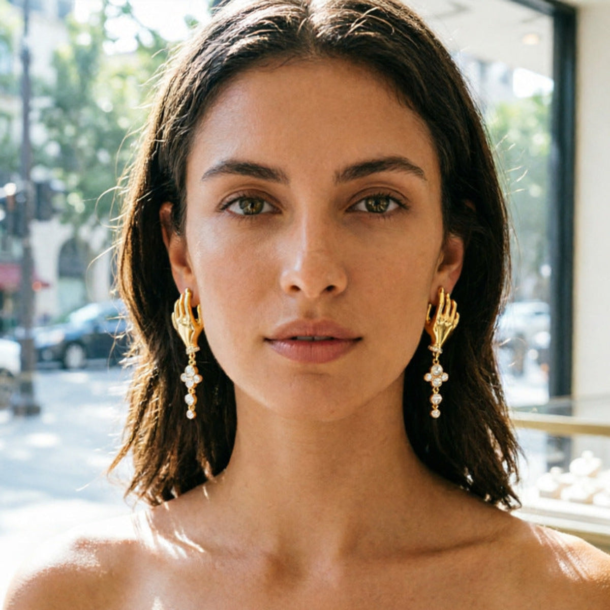 Golden Sculpted Hand Crystal Drop Earrings JLT14038