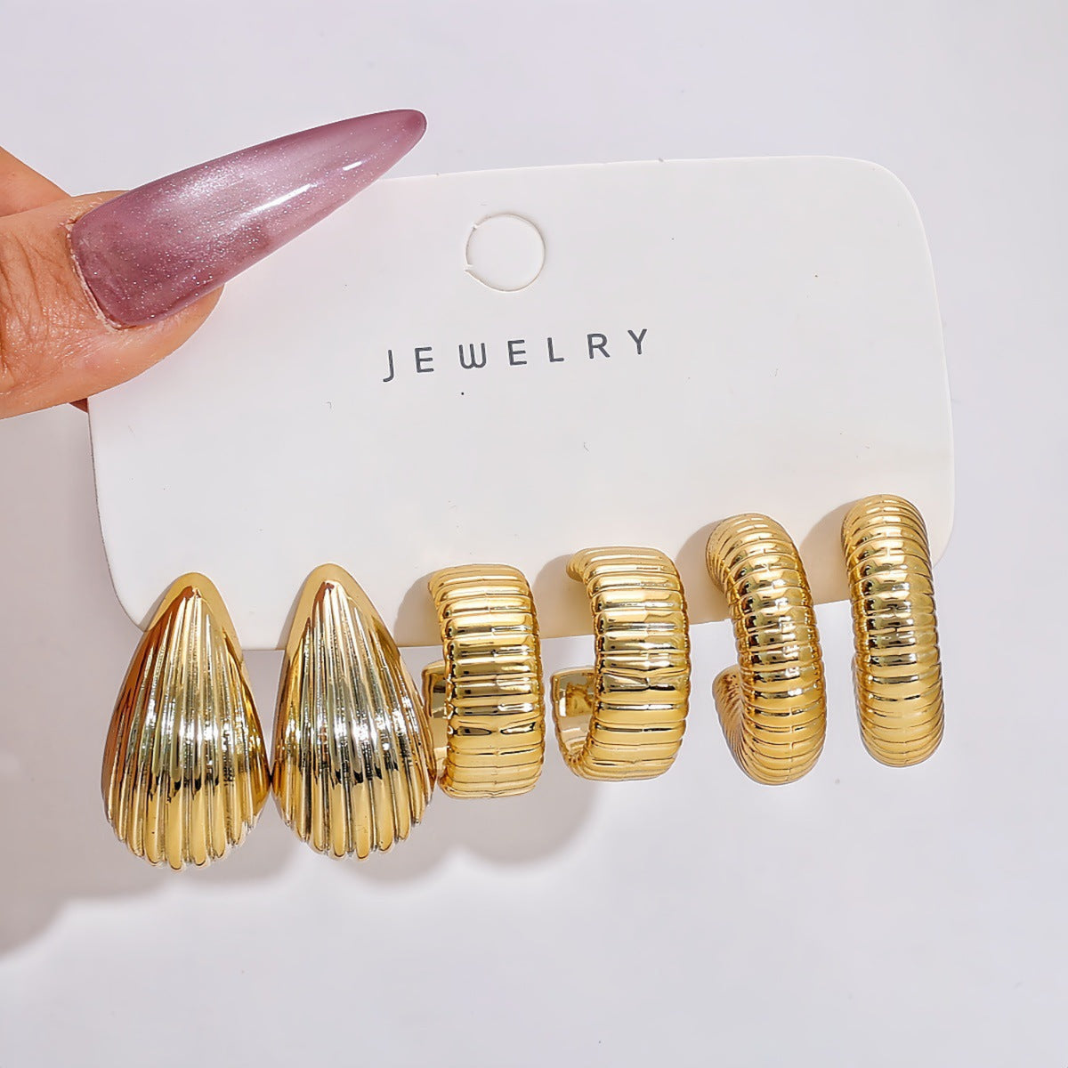 Golden Ribbed Teardrop Hoop Earrings JLT14041 (Pack Of 3)
