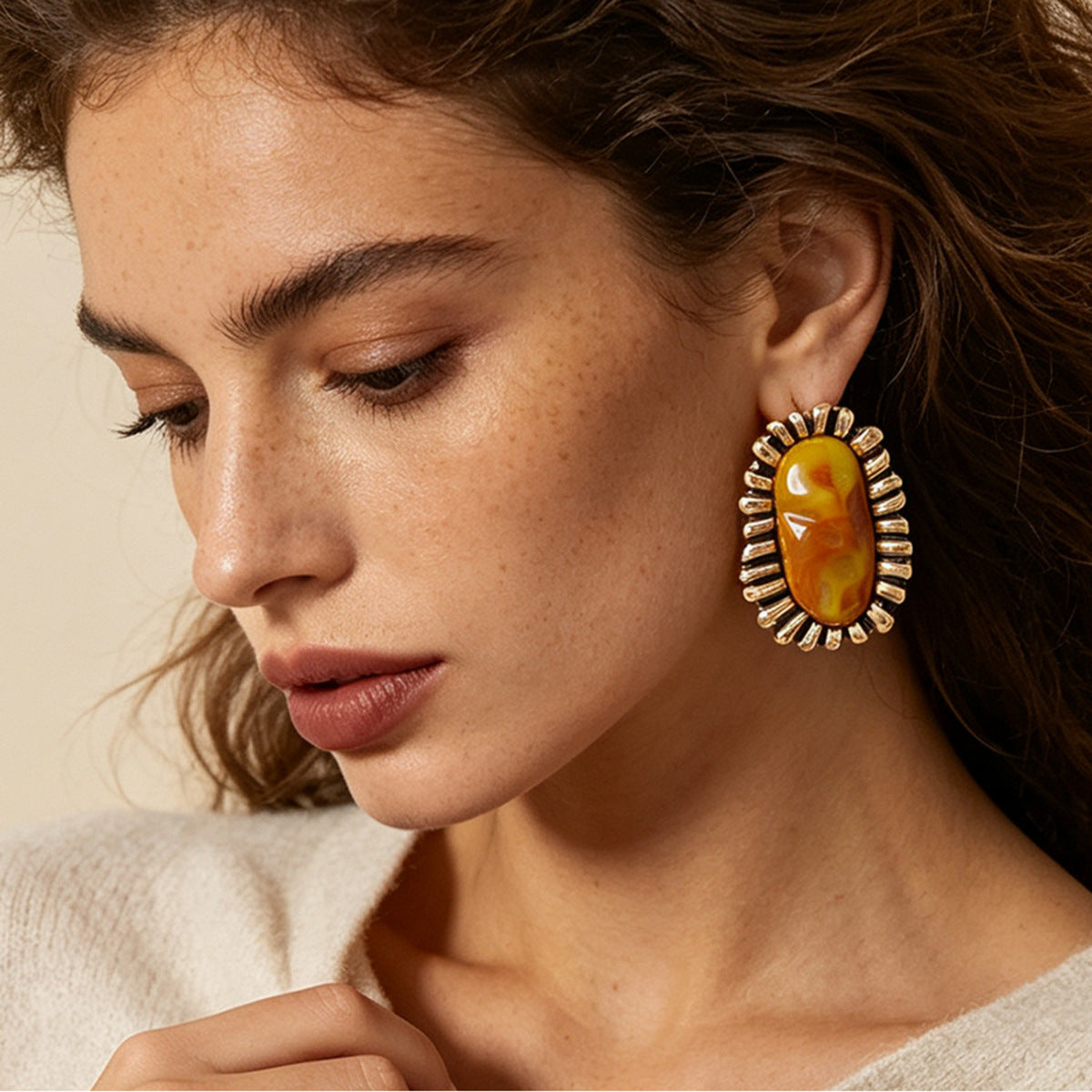 Golden Amber Oval Statement Earrings JLT14045