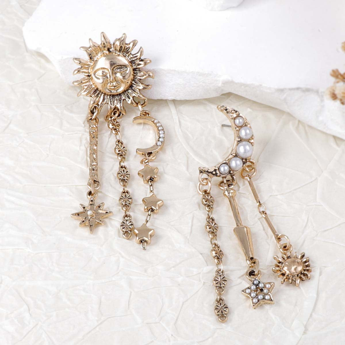 Golden Celestial Sun Moon Dangle Earrings JLT14046