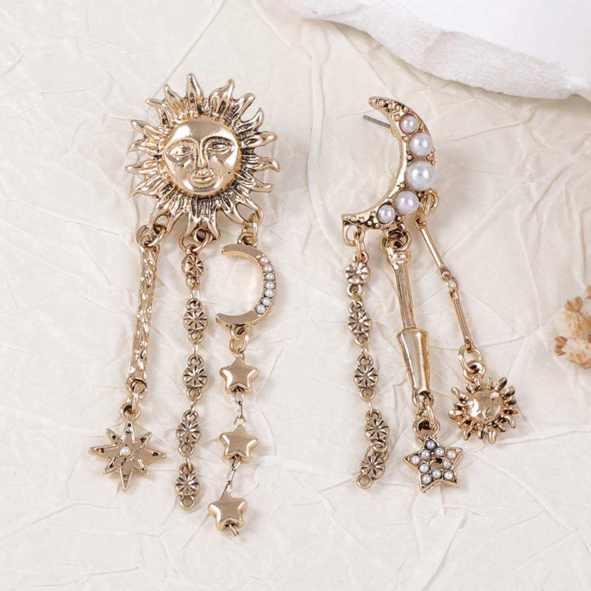 Golden Celestial Sun Moon Dangle Earrings JLT14046