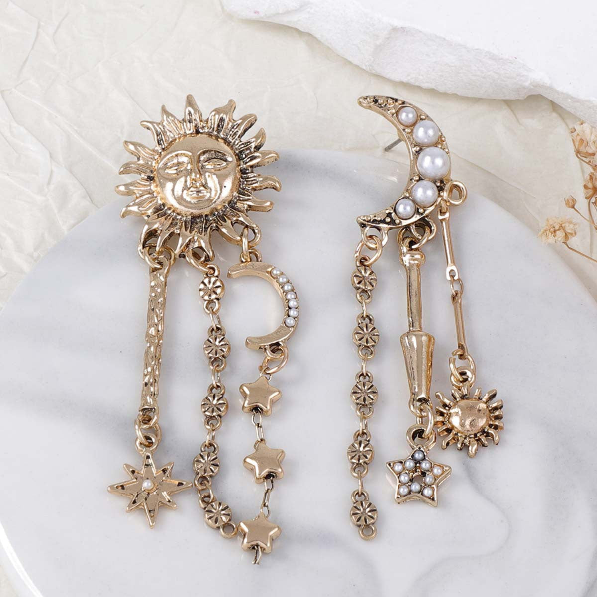 Golden Celestial Sun Moon Dangle Earrings JLT14046