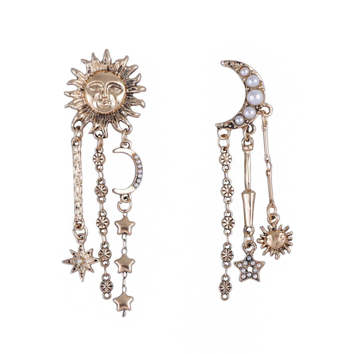 Golden Celestial Sun Moon Dangle Earrings JLT14046