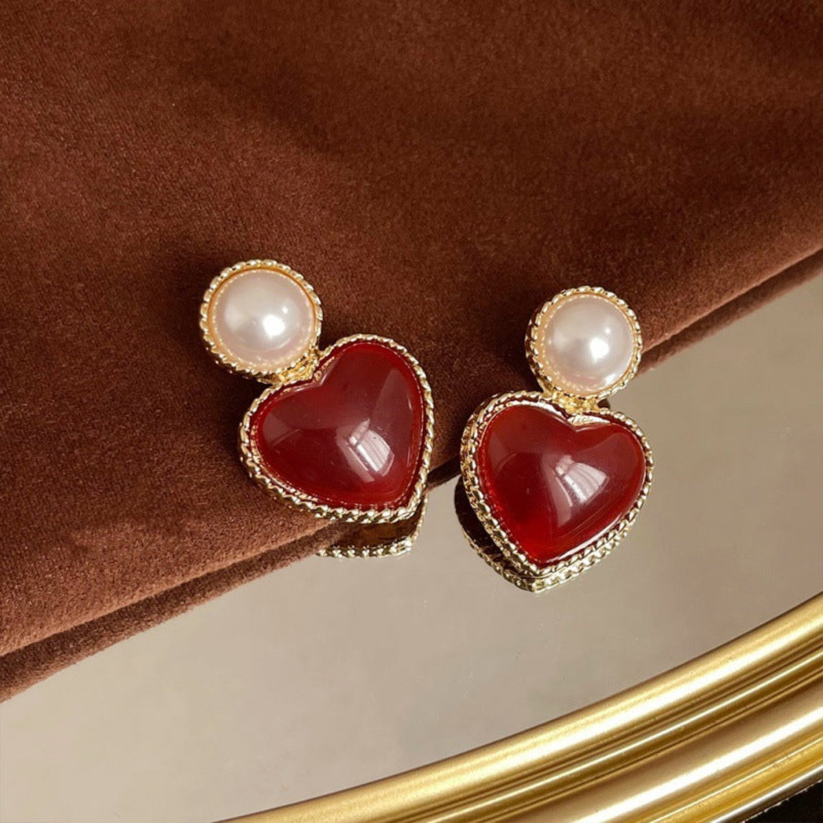 Golden Red Heart Pearl Earrings JLT14048