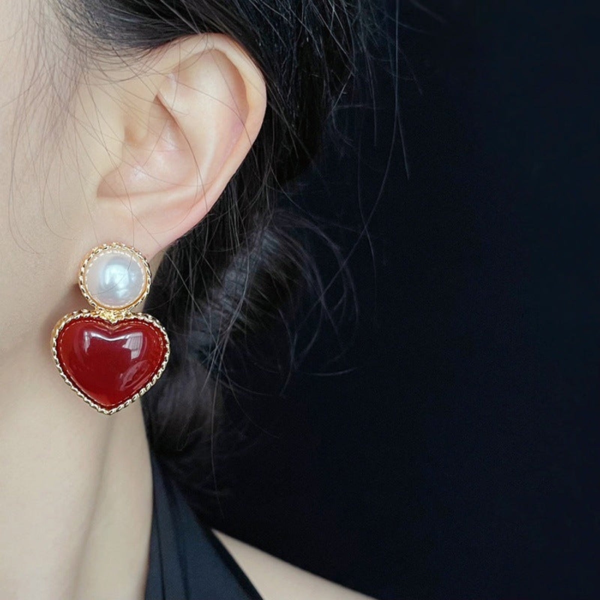 Golden Red Heart Pearl Earrings JLT14048