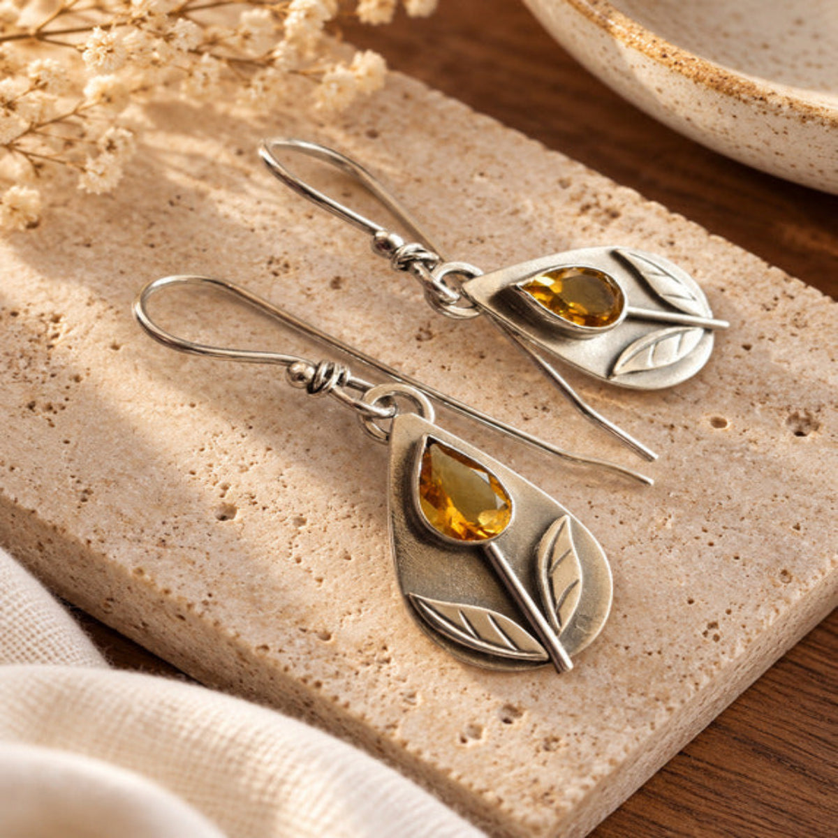 Silver Leaf Drop Earrings with Amber Stone JLT14050