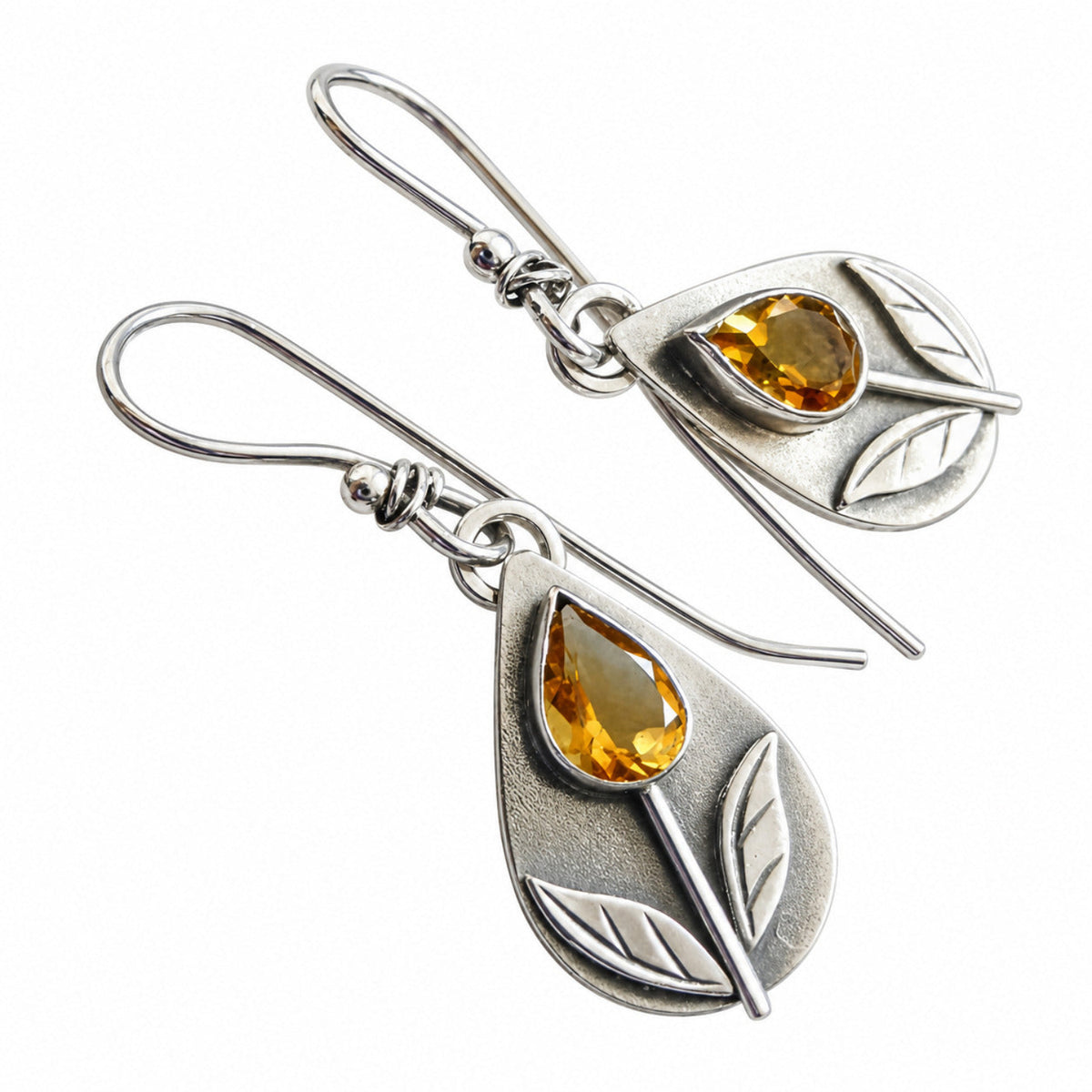 Silver Leaf Drop Earrings with Amber Stone JLT14050