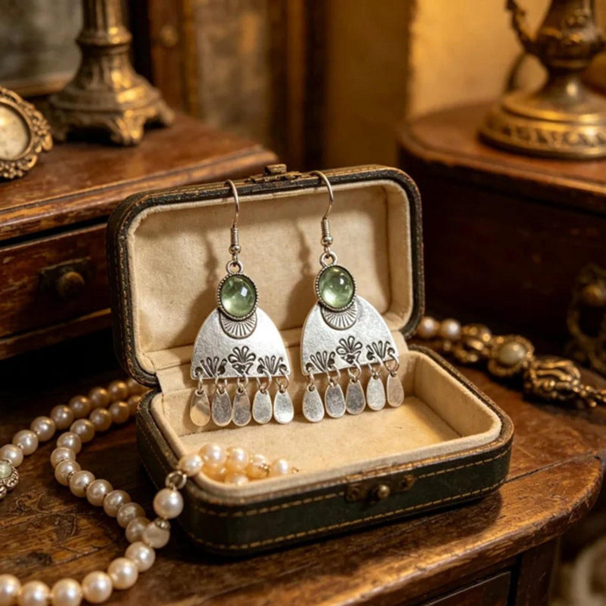 Antique Silver Jhumka Earrings with Green Beads JLT14051