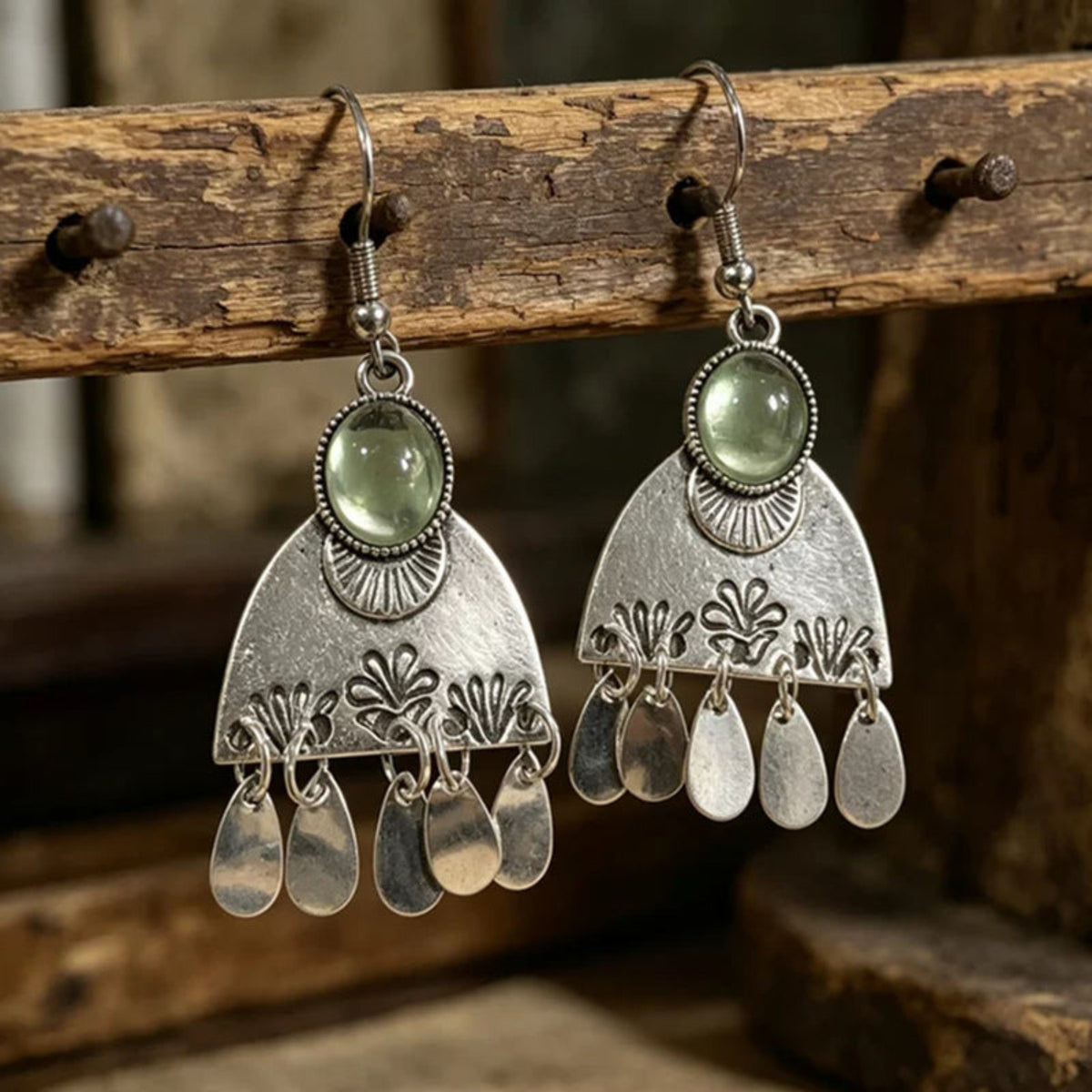 Antique Silver Jhumka Earrings with Green Beads JLT14051