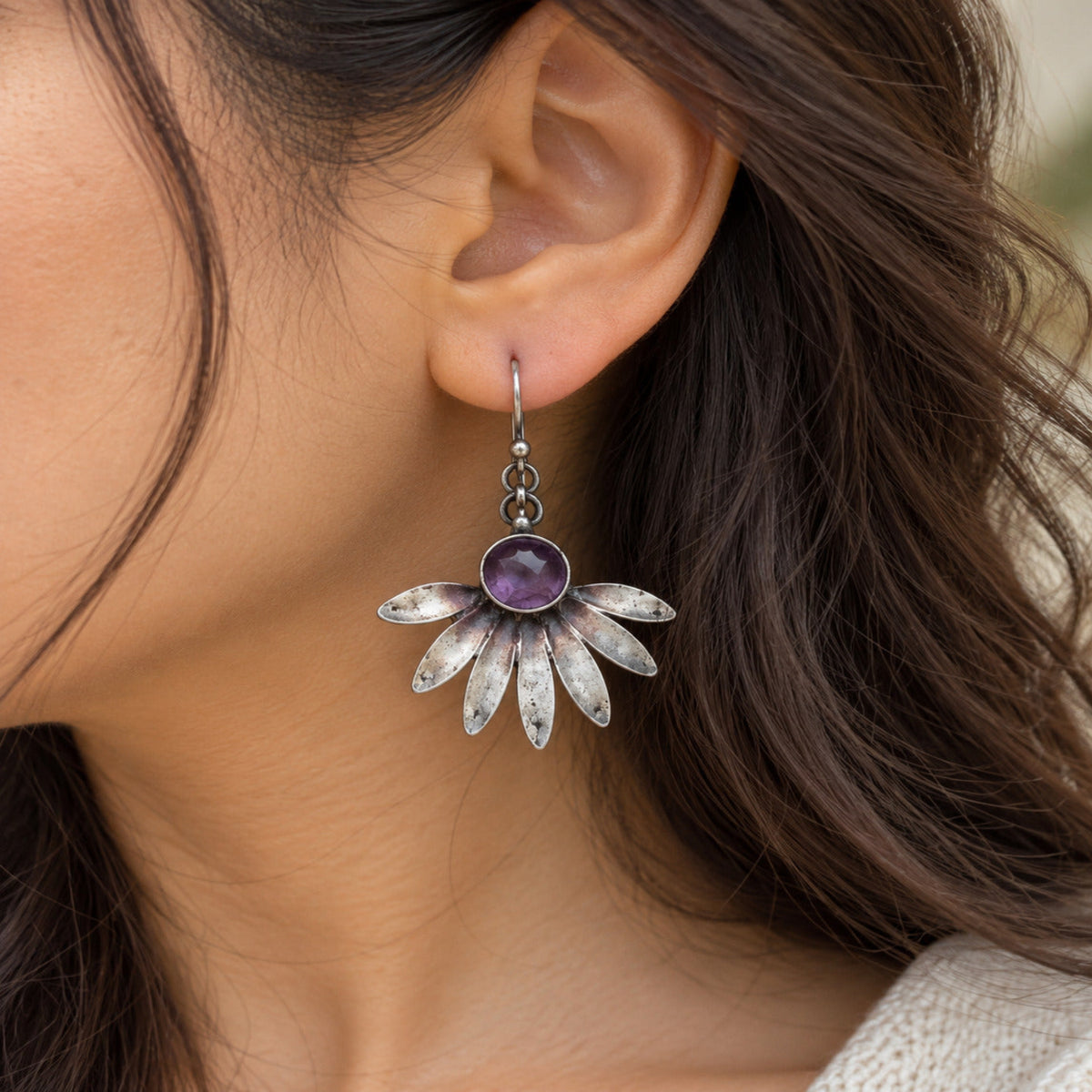 Purple Stone Silver Petal Statement Earrings JLT14055