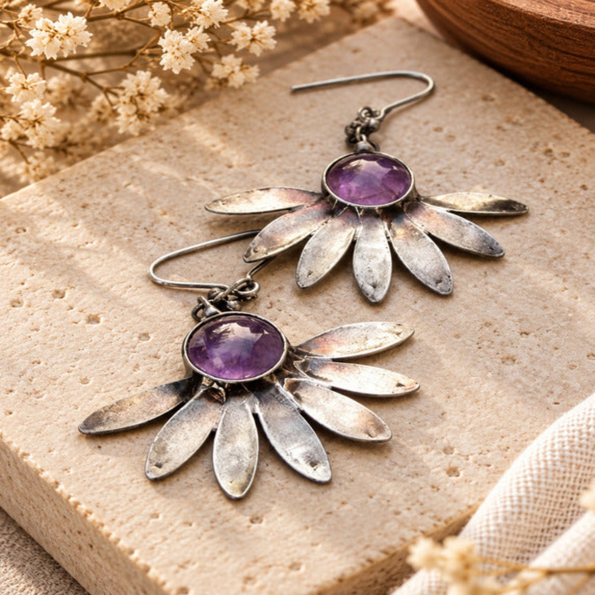 Purple Stone Silver Petal Statement Earrings JLT14055
