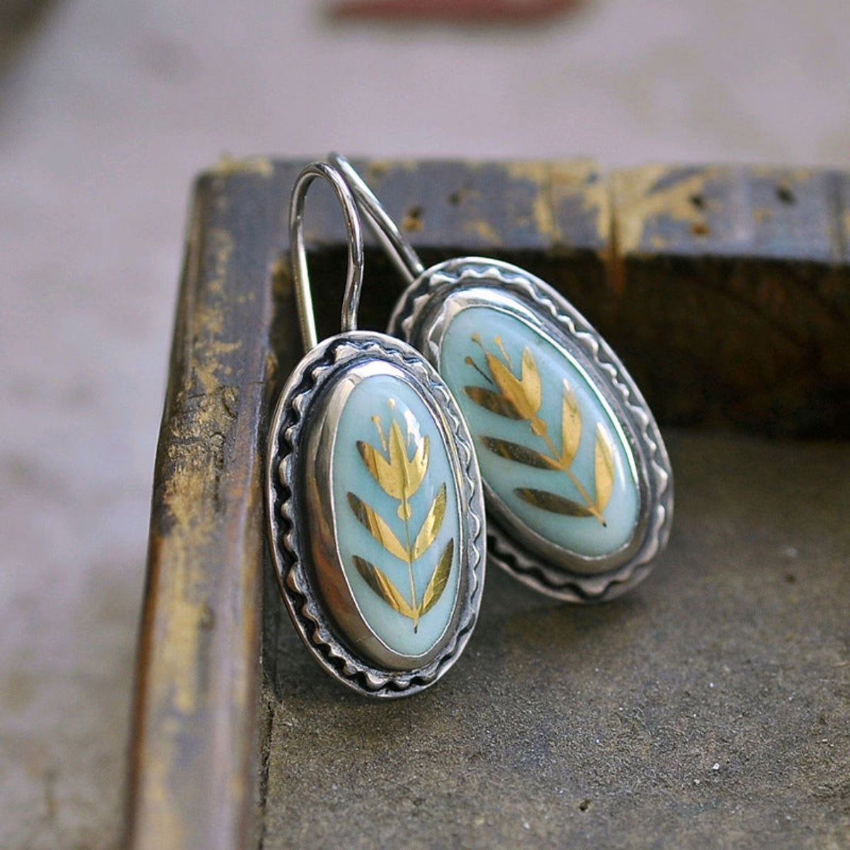 Blue and Gold Swirl Oval Drop Earrings JLT14072