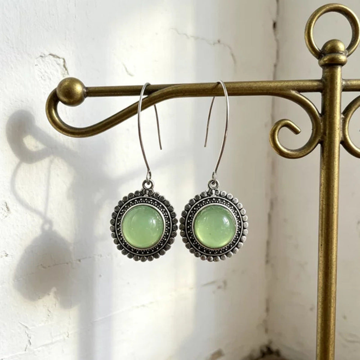 Green Round Stone Antique Gold Drop Earrings JLT14075